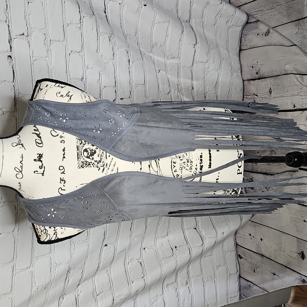 Maurice's Faux Microsuede Fringed Laser Cut Open Front Vest Grey Size Small